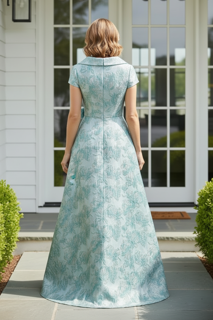 Floral Jacquard A-Line Evening Gown with Cap Sleeves