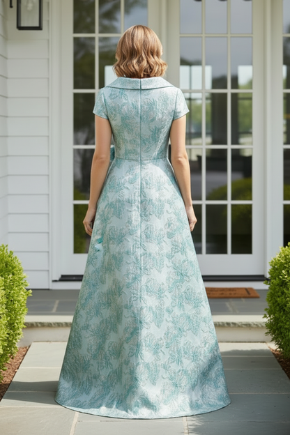 Floral Jacquard A-Line Evening Gown with Cap Sleeves