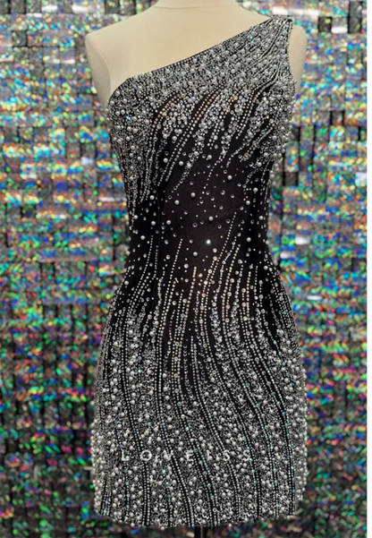 One-Shoulder Pearl and Crystal Embellished Mini Dress