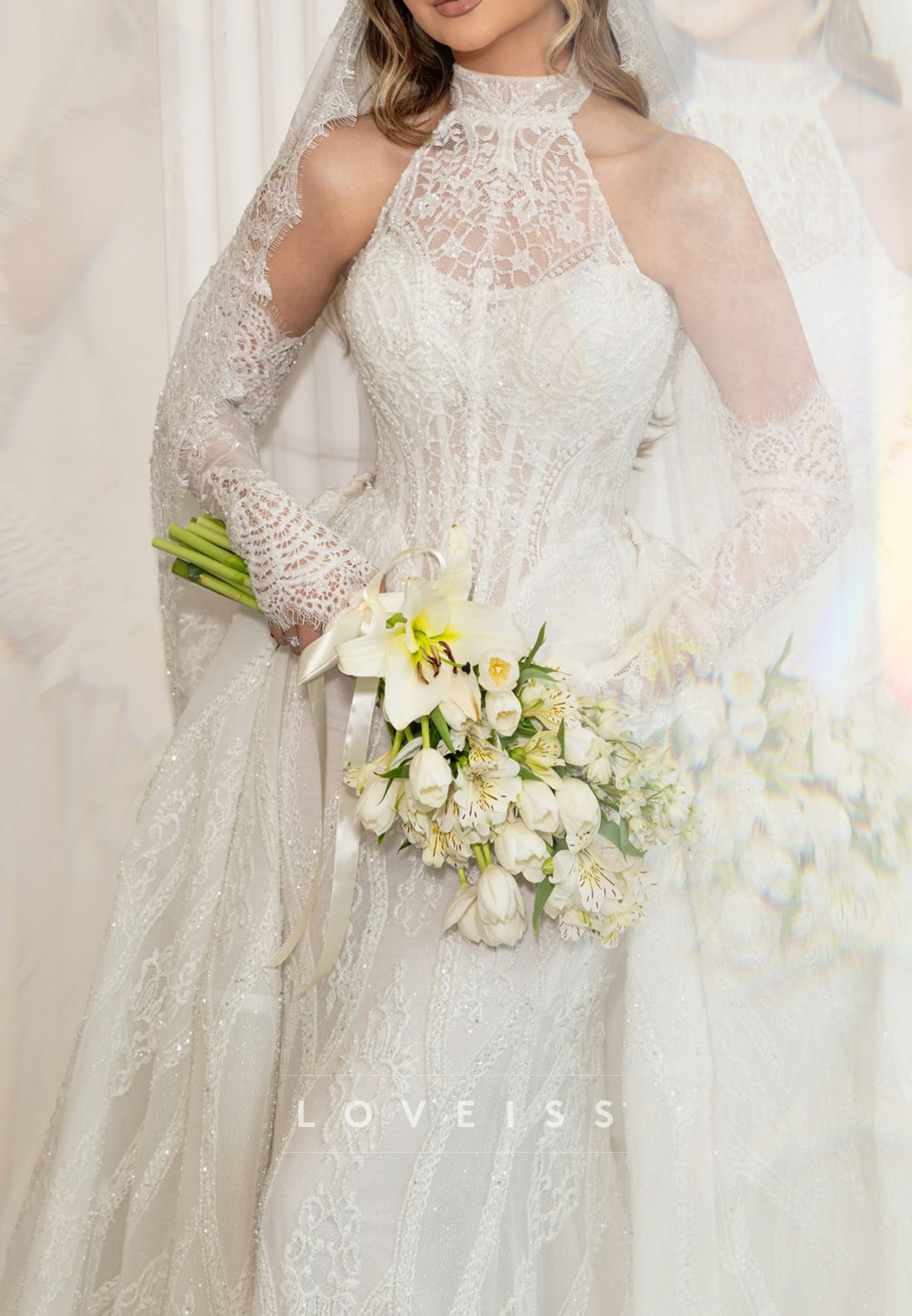 Halter Mermaid Lace Wedding Dress with Overskirt