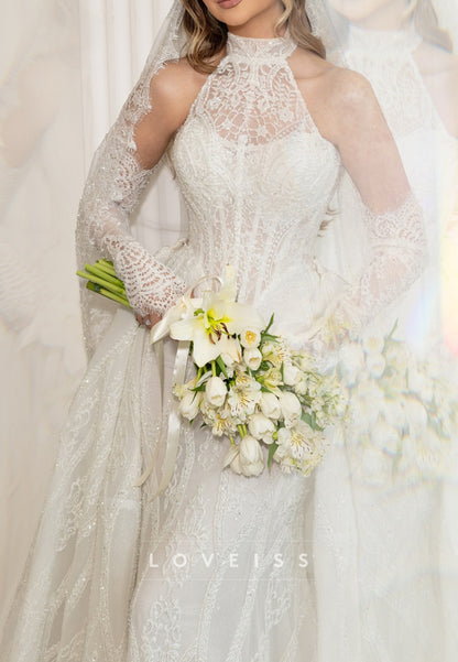 Halter Mermaid Lace Wedding Dress with Overskirt