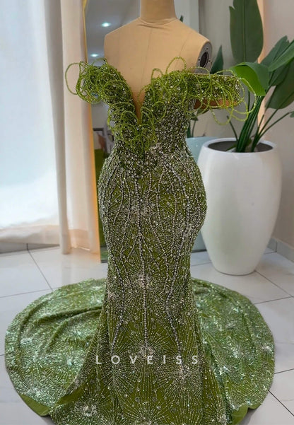 Beaded Mermaid Gown with Loop Off-Shoulder Detail