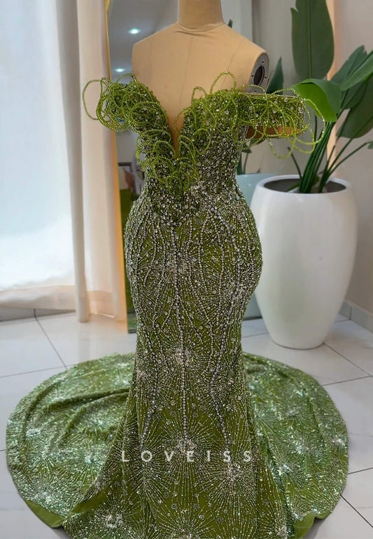 Beaded Mermaid Gown with Loop Off-Shoulder Detail