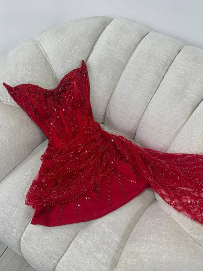 Strapless Beaded Sequin Mini Dress with Side Drape