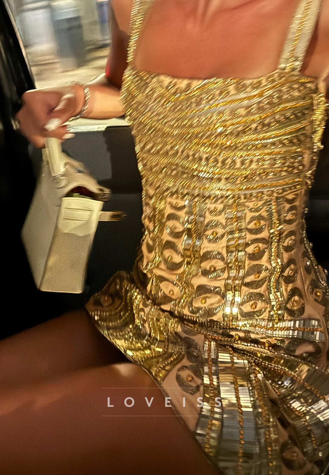 Metallic Sequin Mini Dress with Square Neck & Fan Skirt