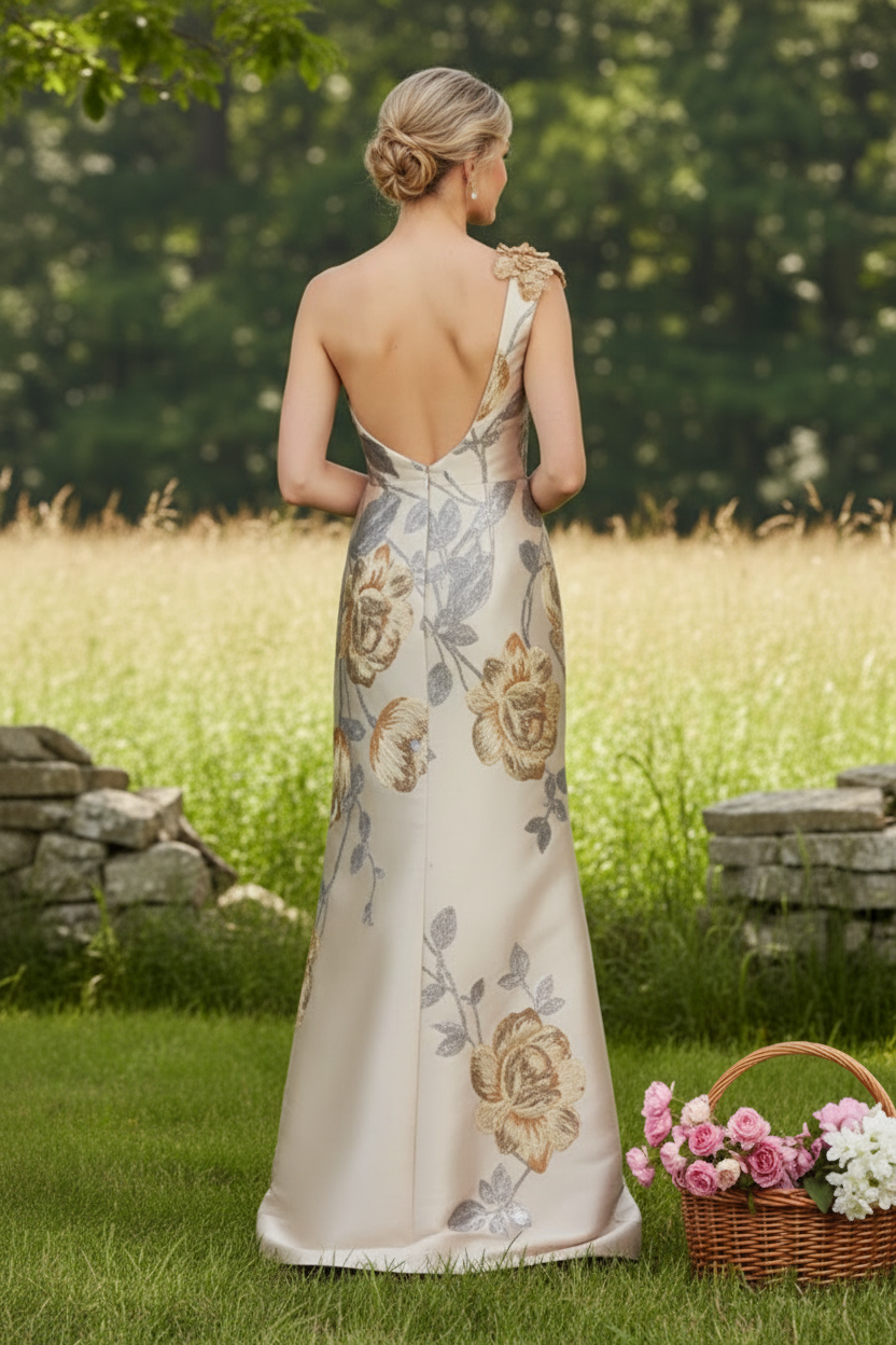 One-Shoulder Metallic Jacquard Column Gown