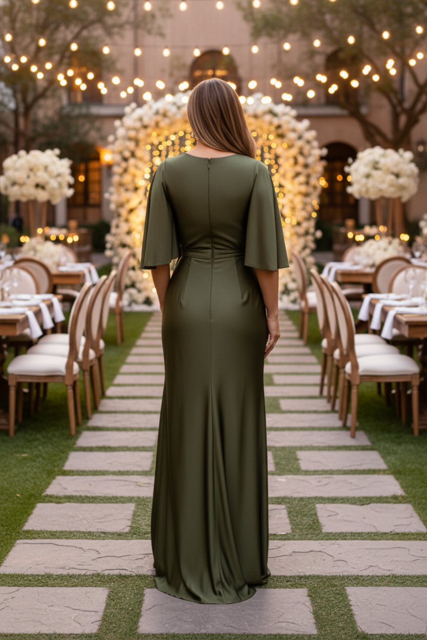 Flutter Sleeve V-Neck Gown with Floral Waist Detail