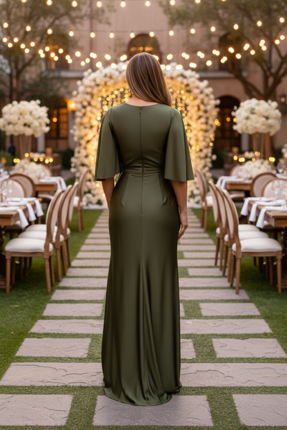 Flutter Sleeve V-Neck Gown with Floral Waist Detail