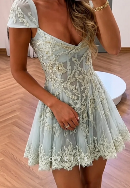 Lace Applique Mini Dress with Pearl-Embellished Cap Sleeves