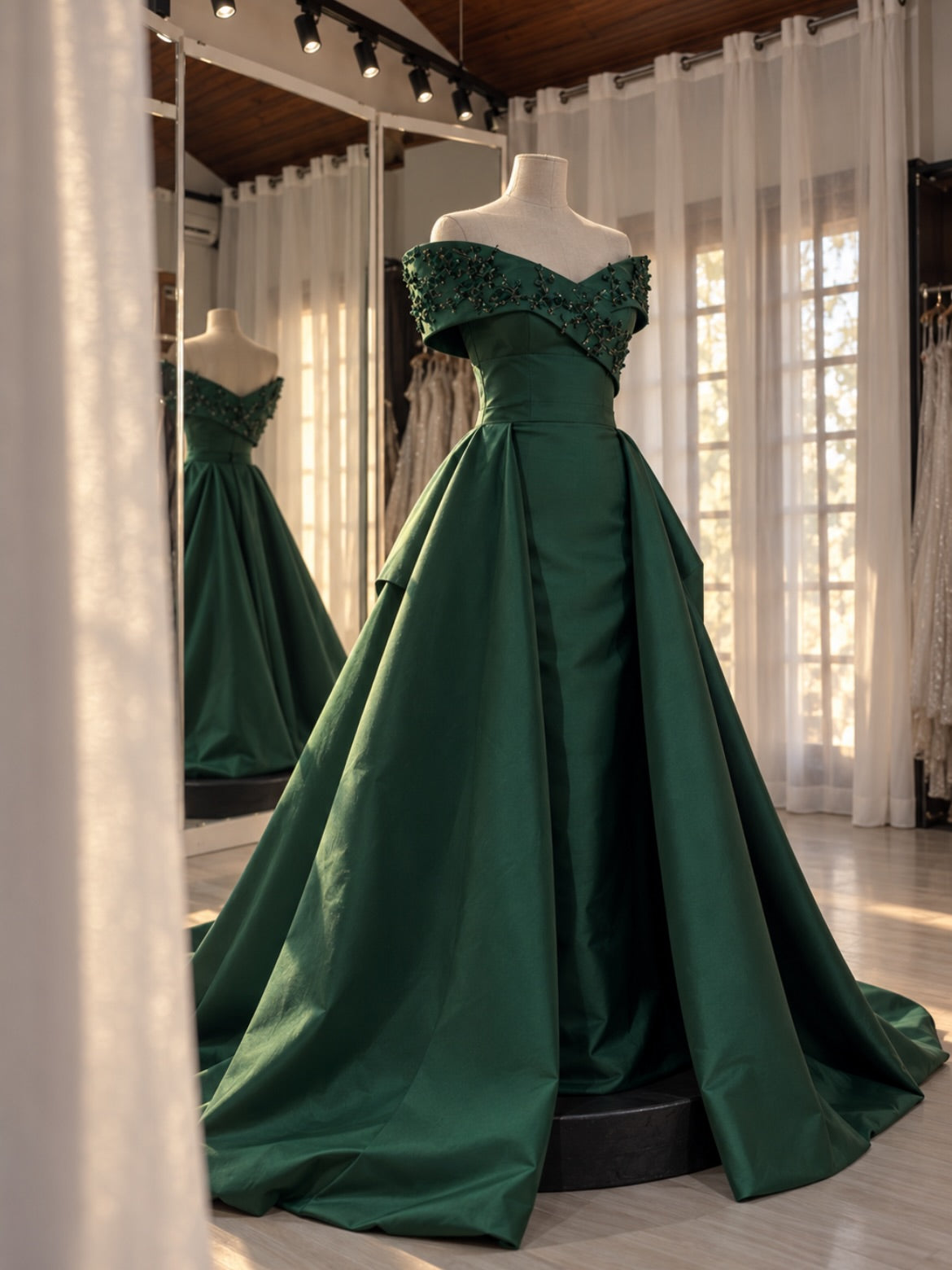 Off-the-Shoulder Beaded Gown with Overskirt