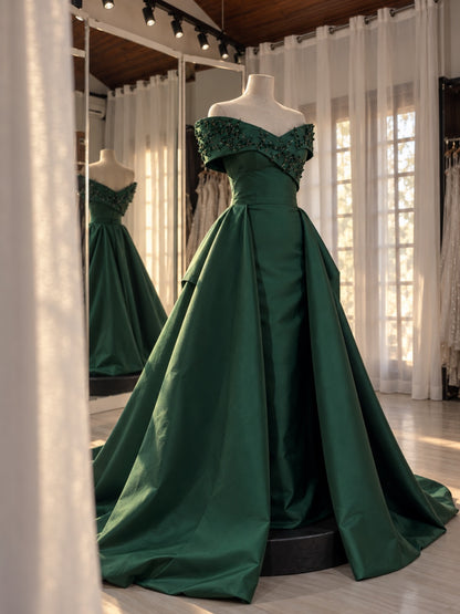 Off-the-Shoulder Beaded Gown with Overskirt