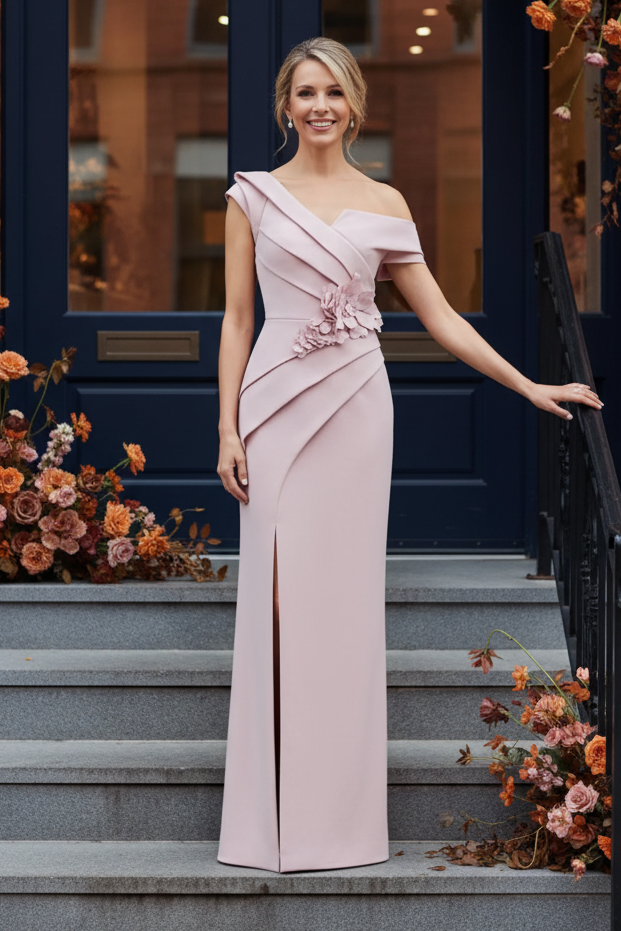 Asymmetrical One-Shoulder Crepe Gown with 3D Flowers
