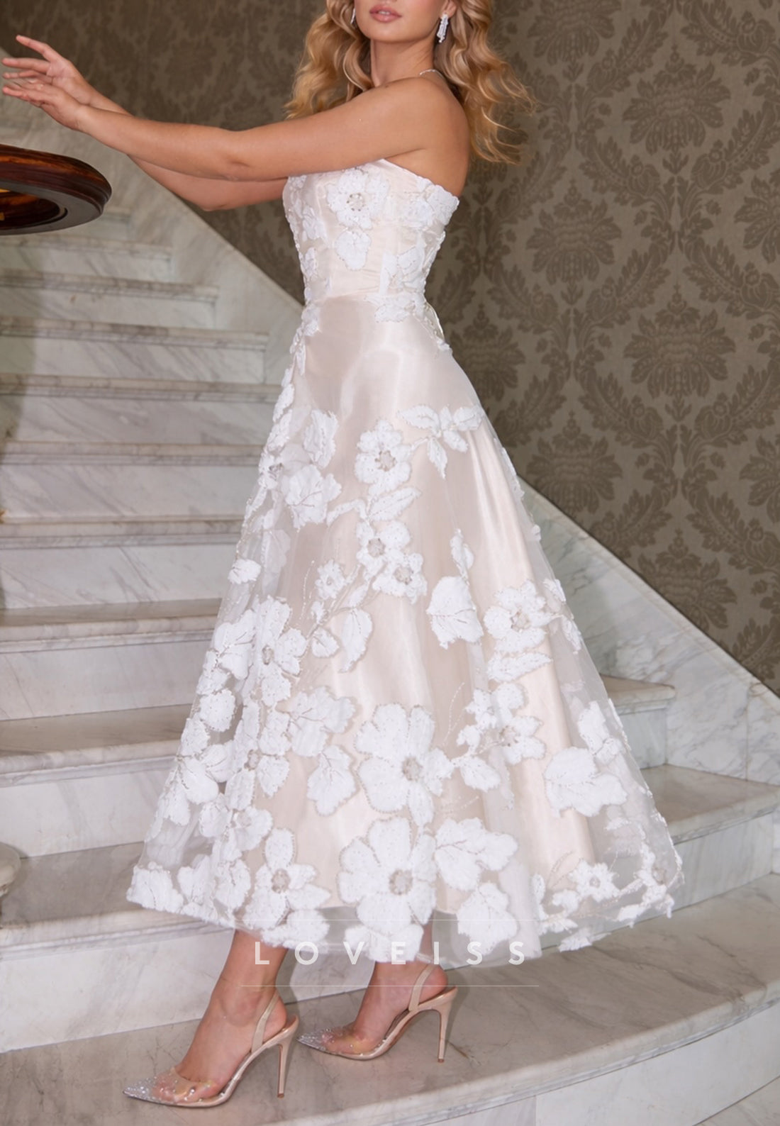 Strapless 3D Floral Applique A-Line Midi Dress