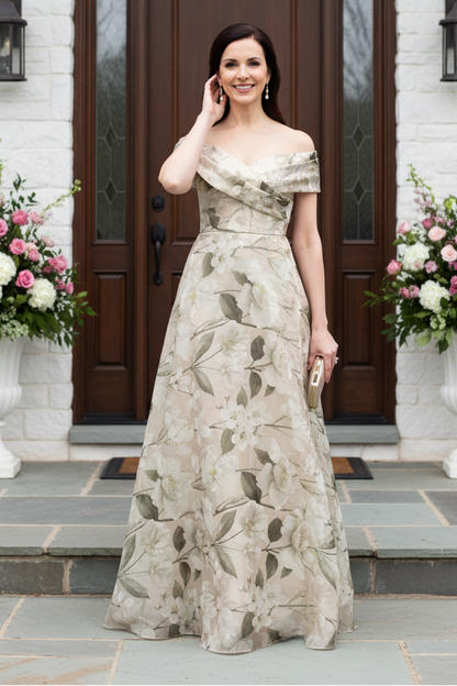Off-the-Shoulder Floral Jacquard A-Line Evening Gown