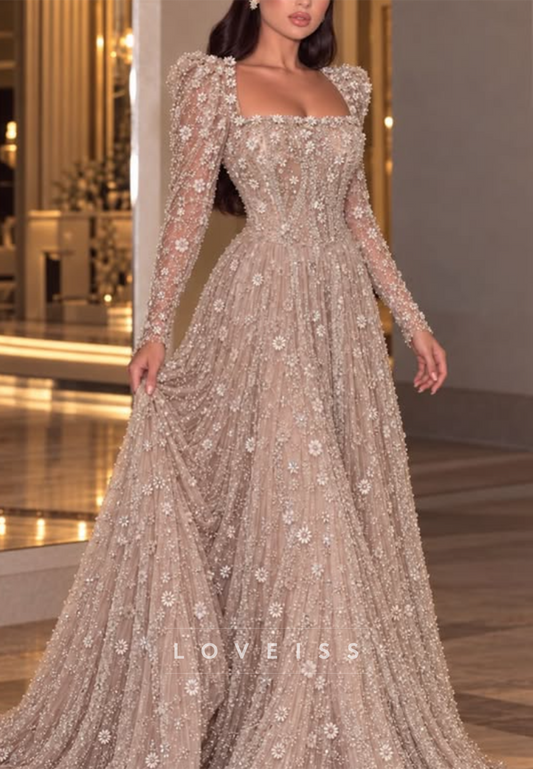 Embellished Square Neck Long Sleeve A-Line Gown