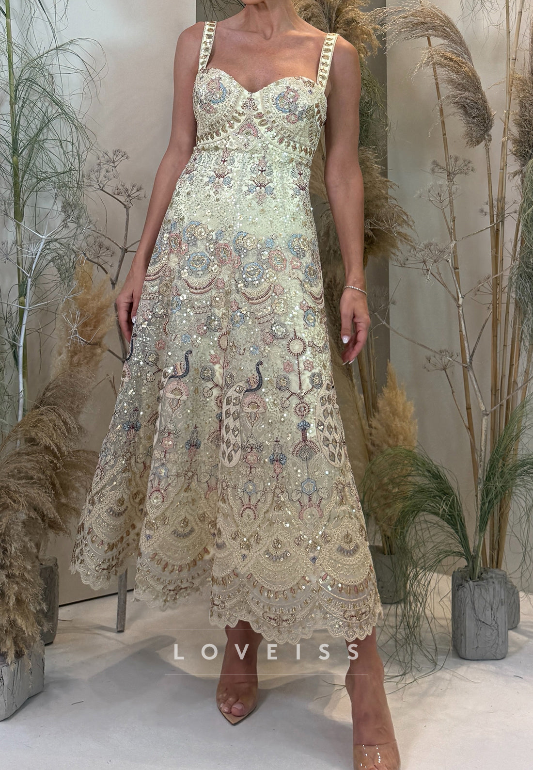 Sequin Embroidered Peacock A-Line Midi Dress