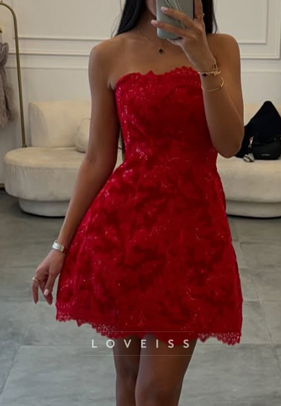 Strapless Lace Sweetheart Mini Dress
