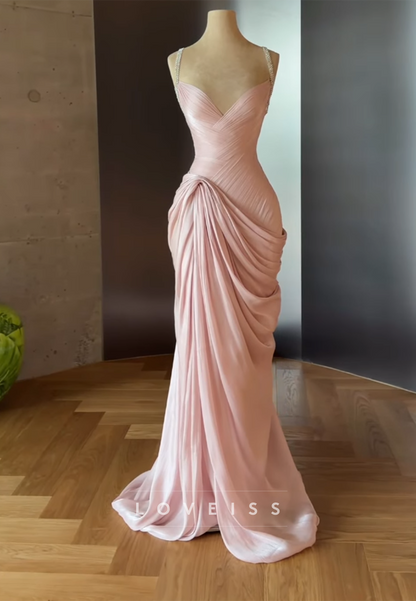Draped Satin Column Evening Dress with Crystal Straps