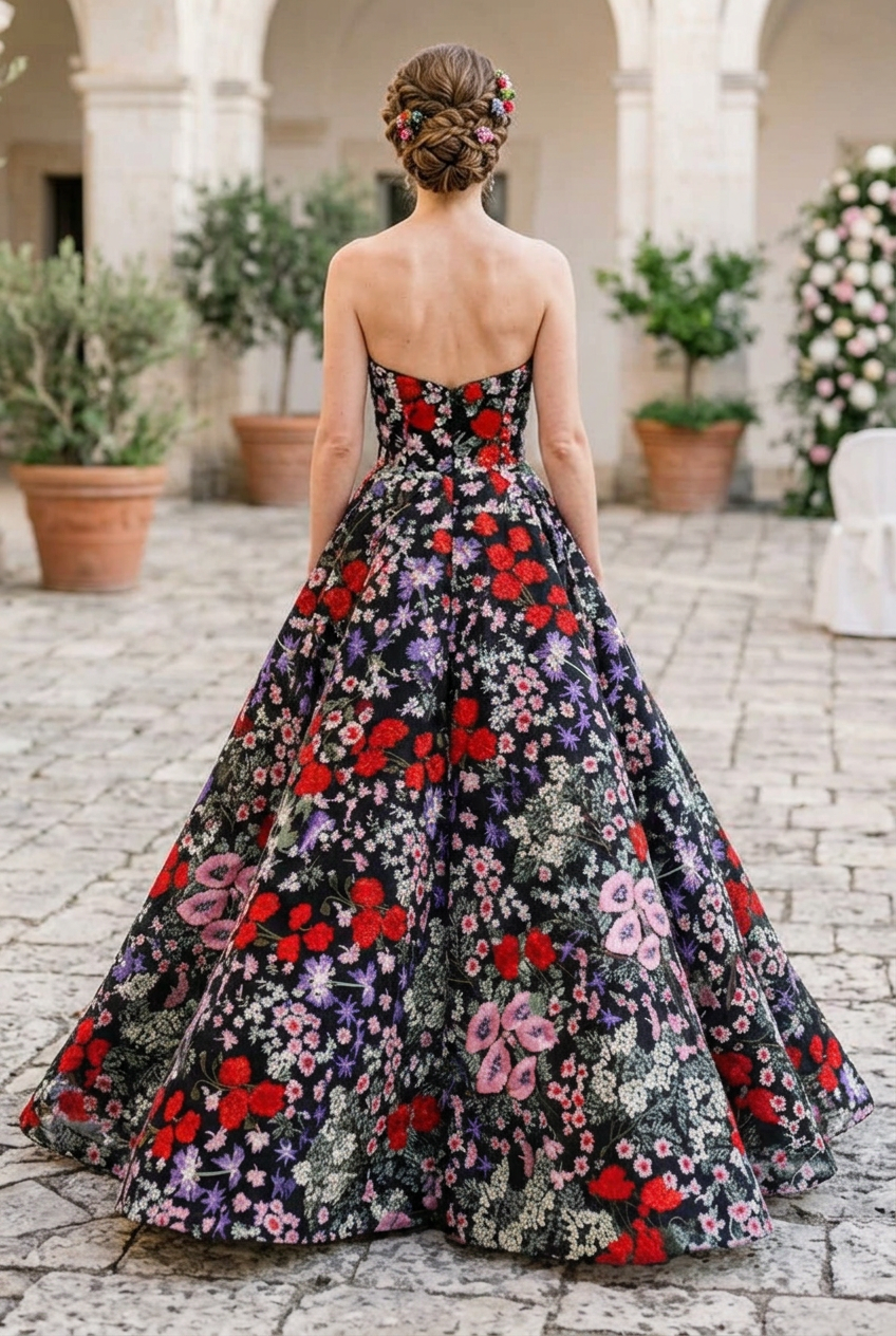 Strapless Floral Embroidered Ball Gown