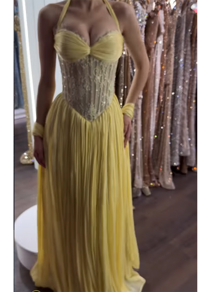 Halter Corset Bodice Pleated Maxi Evening Gown