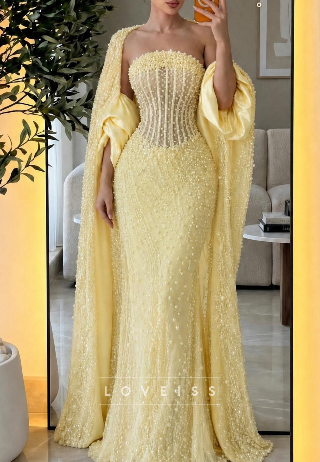 Pearl-Embellished Corset Mermaid Gown with Cape