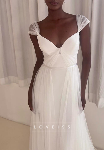 Tulle Cap Sleeve Wedding Dress with Deep V Notch