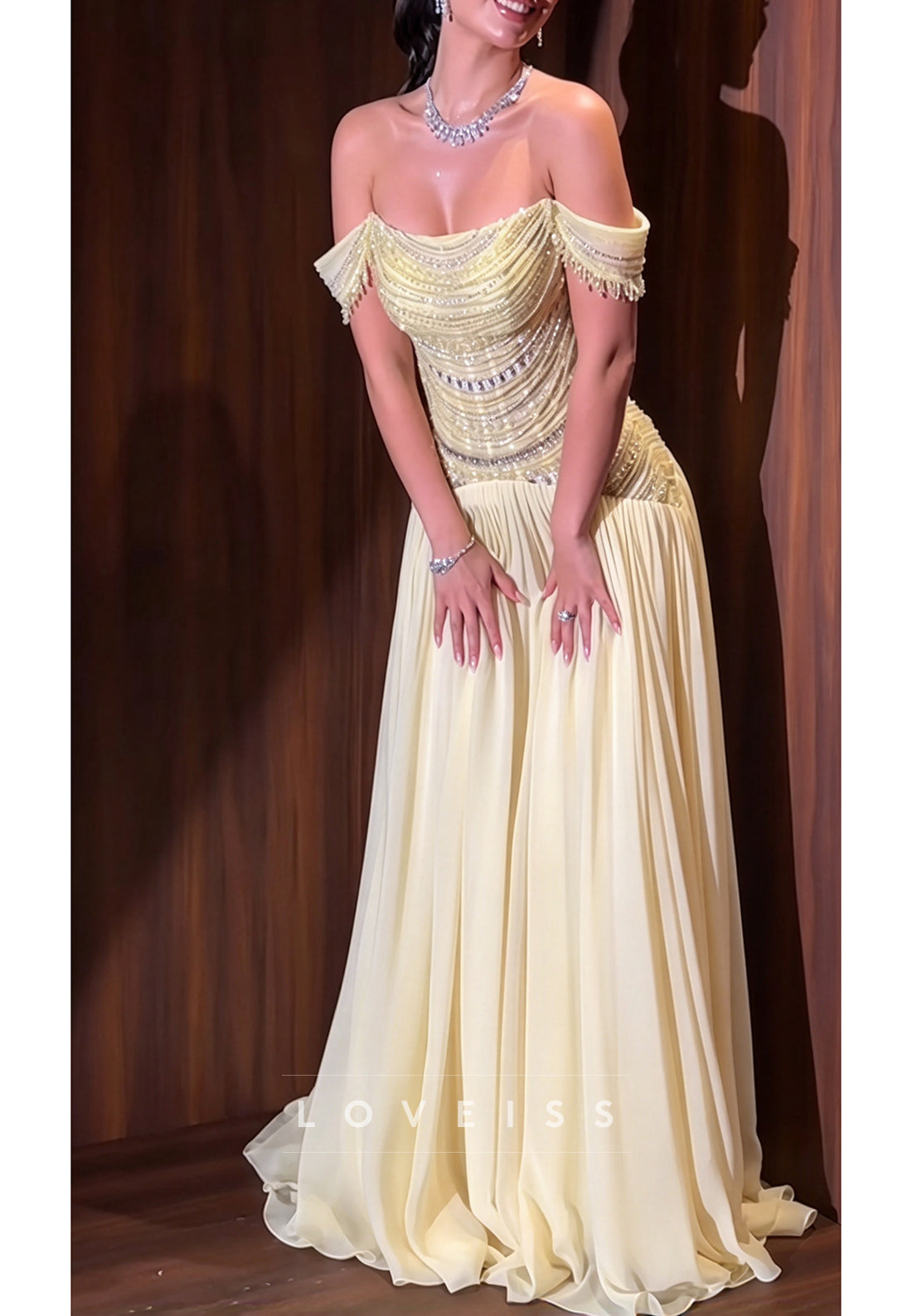 Beaded Bodice Off-the-Shoulder Pleated Gown