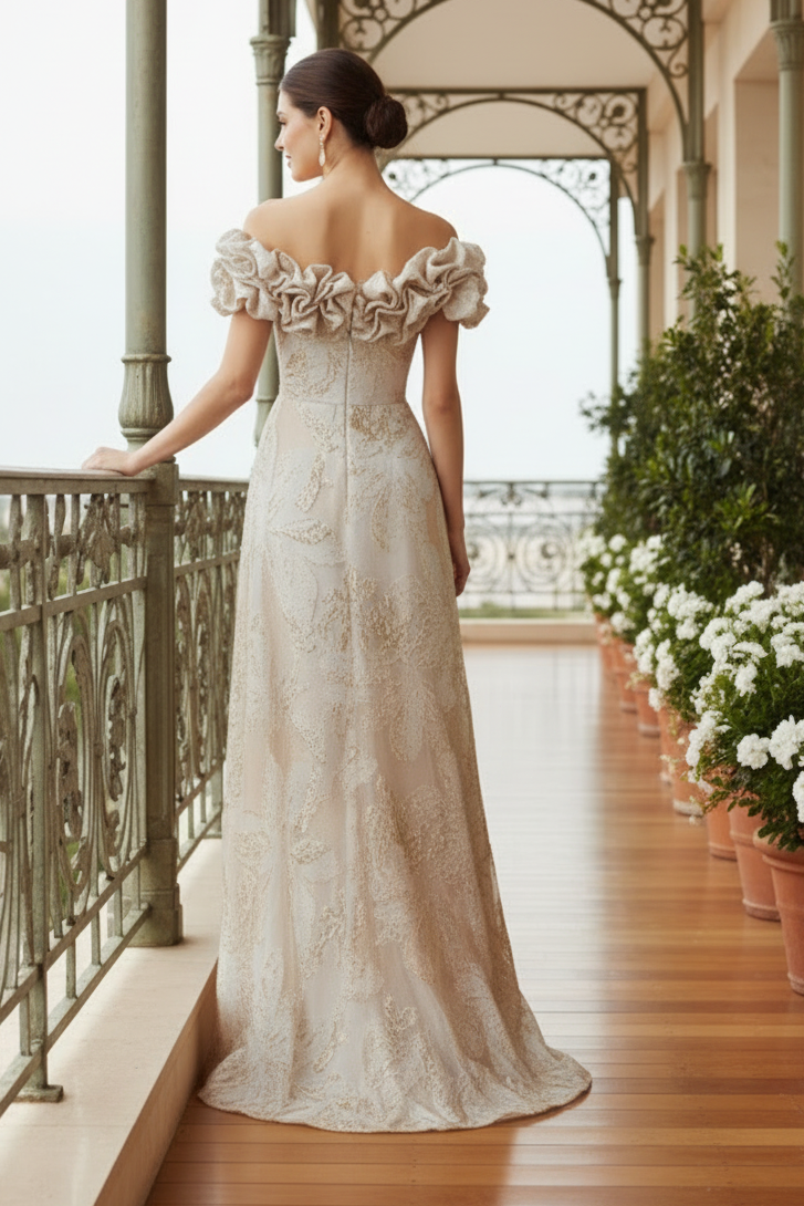 Off-Shoulder Ruffle Jacquard Evening Gown