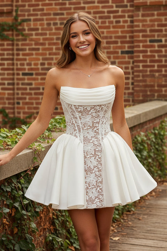 Strapless Lace Corset Pleated Mini Dress