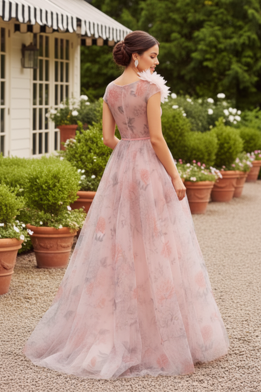 Romantic Floral Tulle A-Line Gown with 3D Flower