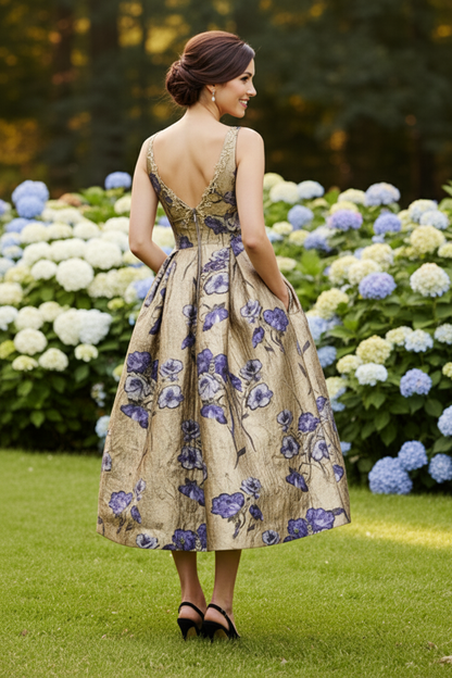 Metallic Floral Deep V-Neck Pleated Midi Dress