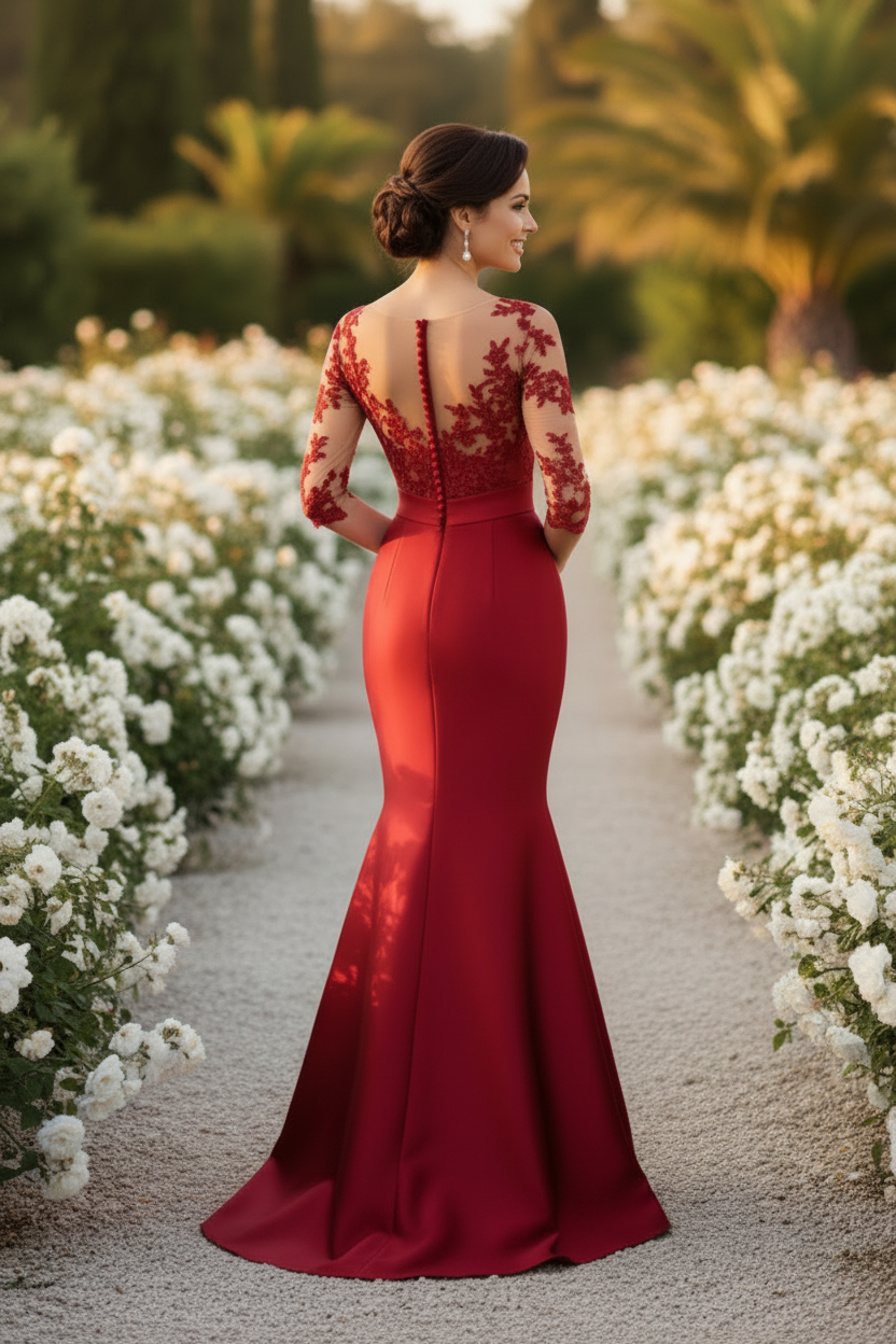 Illusion Lace Bodice Mermaid Gown with Waist Bow