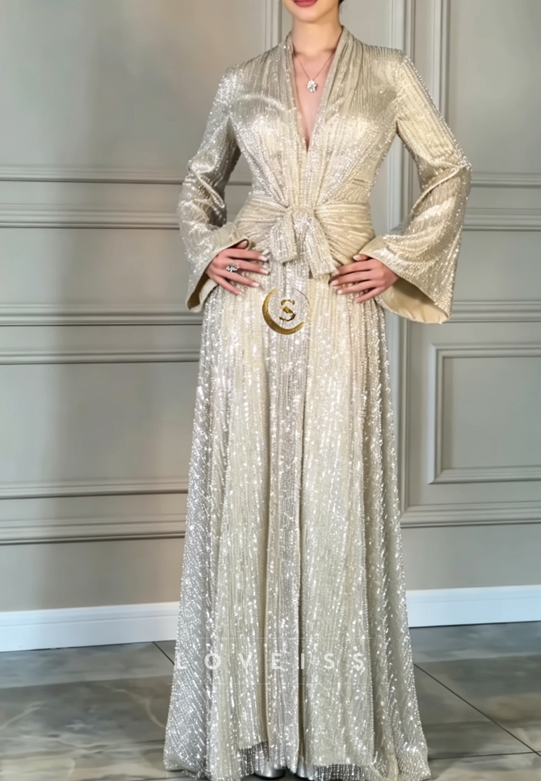 Deep V-Neck Sequin A-Line Gown with Bell Sleeves