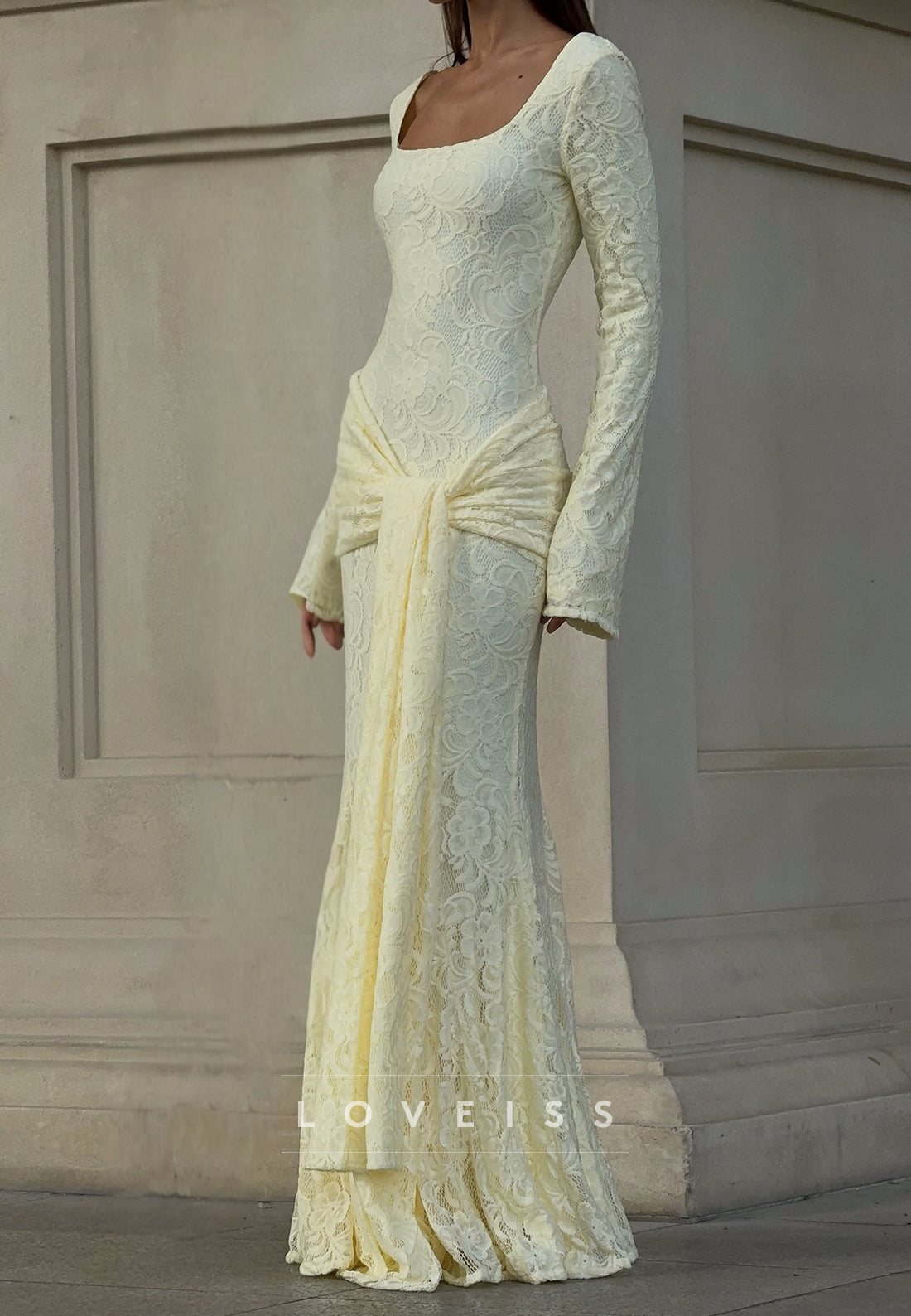 Lace Long Sleeve Mermaid Gown with Draped Sash