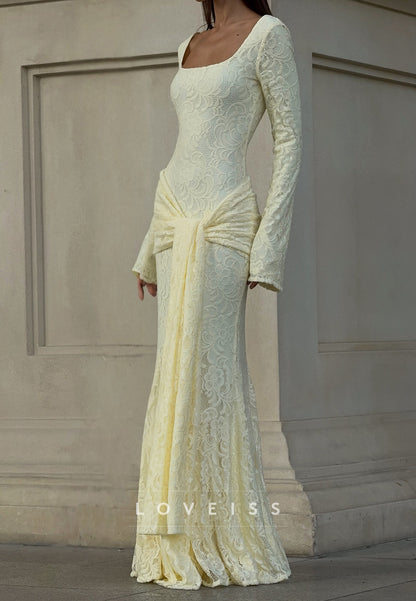 Lace Long Sleeve Mermaid Gown with Draped Sash