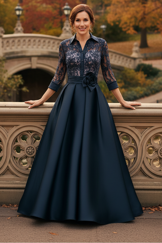 Lace Bodice A-Line Satin Evening Gown