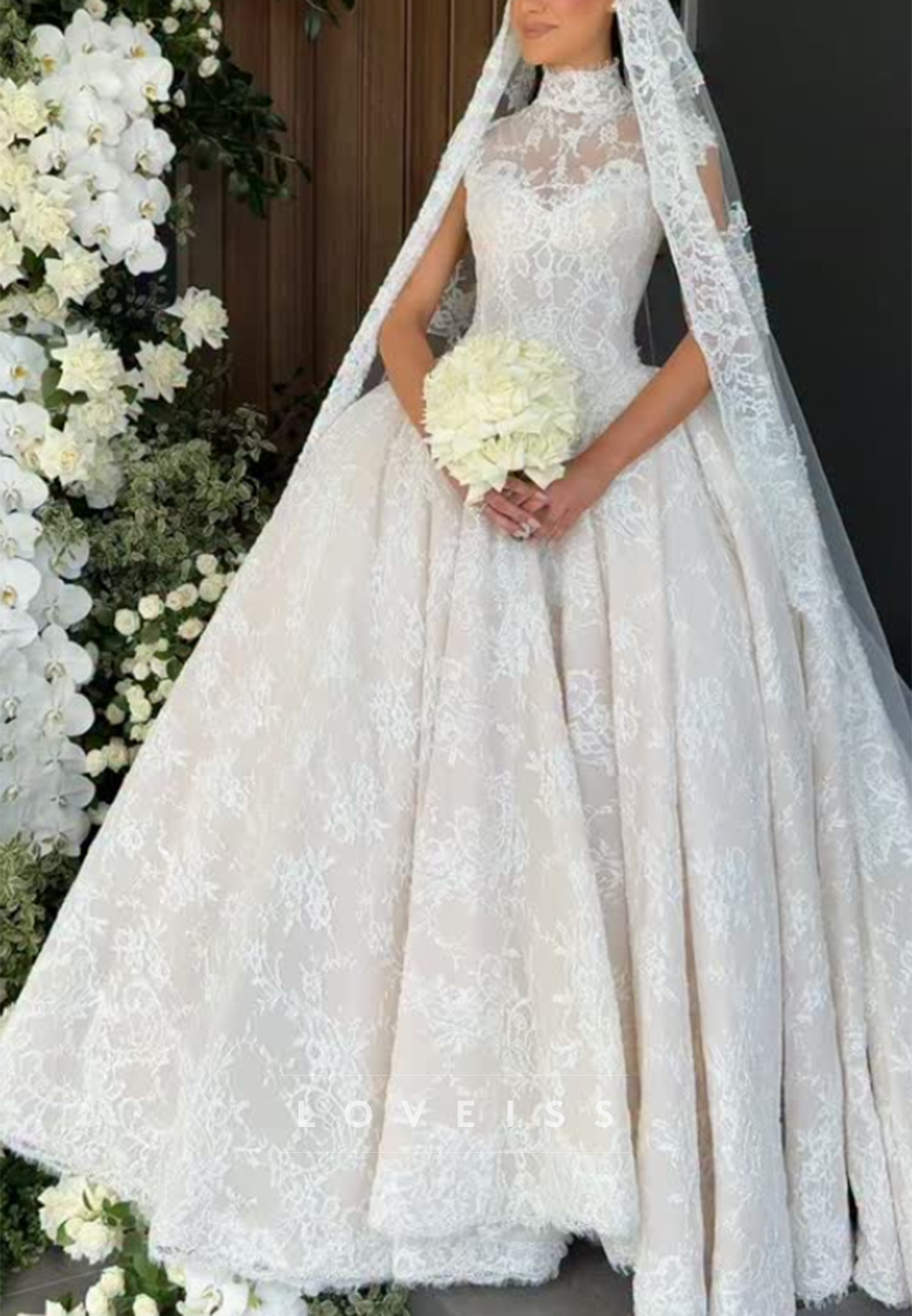 High-Neck Lace Ball Gown Wedding Dress