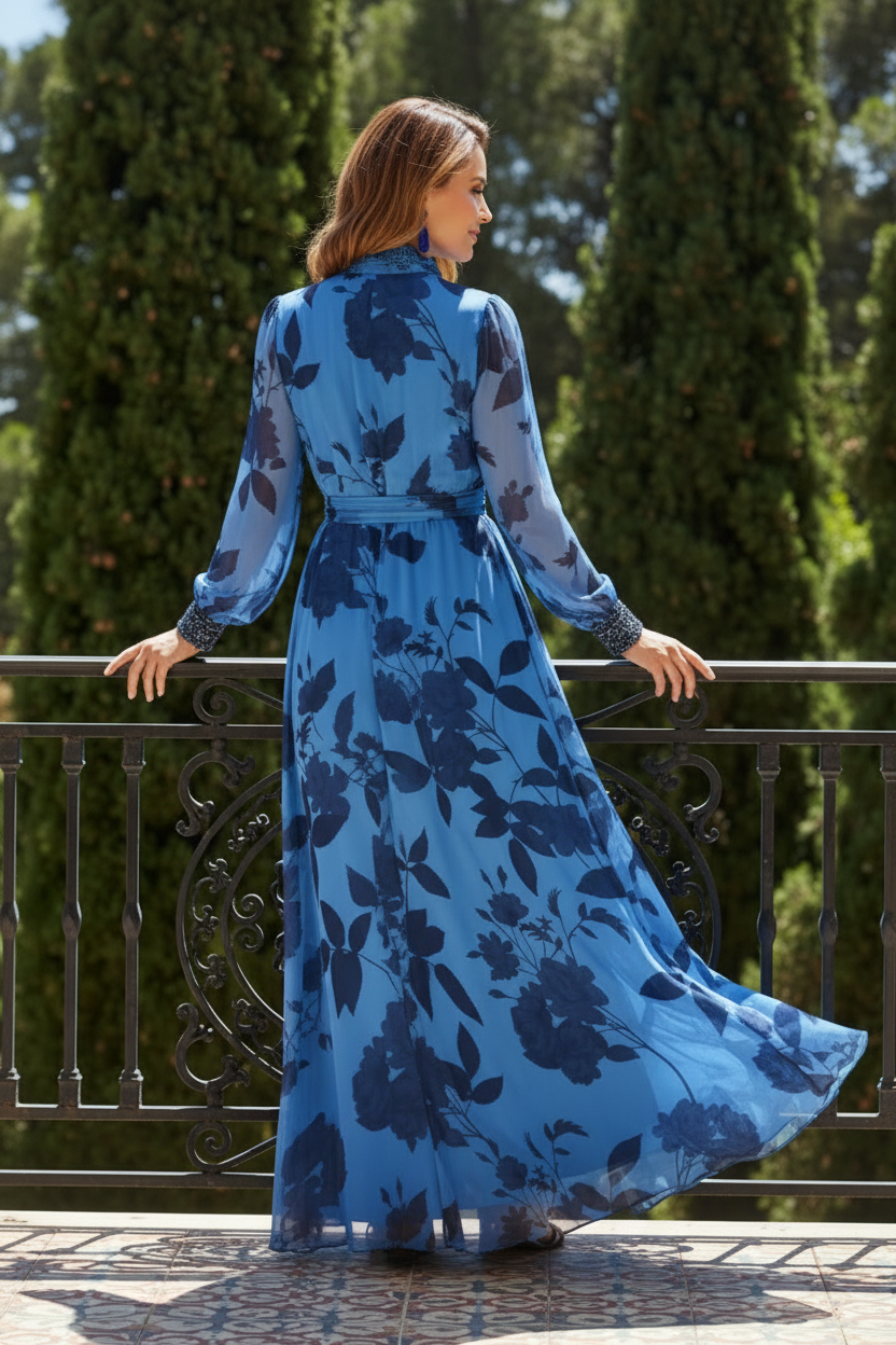 Floral Print Long Sleeve Maxi Dress with Smocked Waist