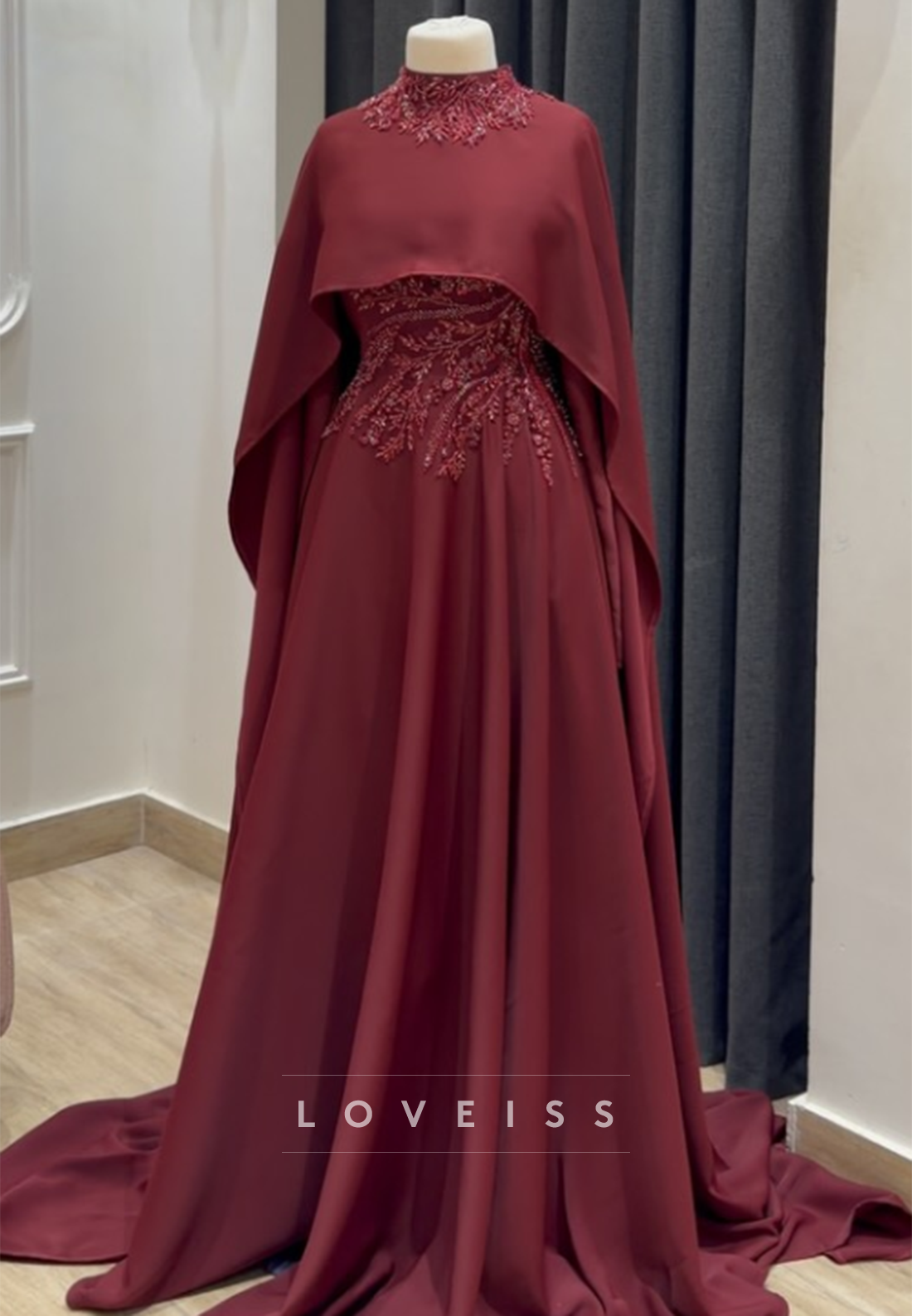 High Neck Cape Evening Gown with Beaded Bodice