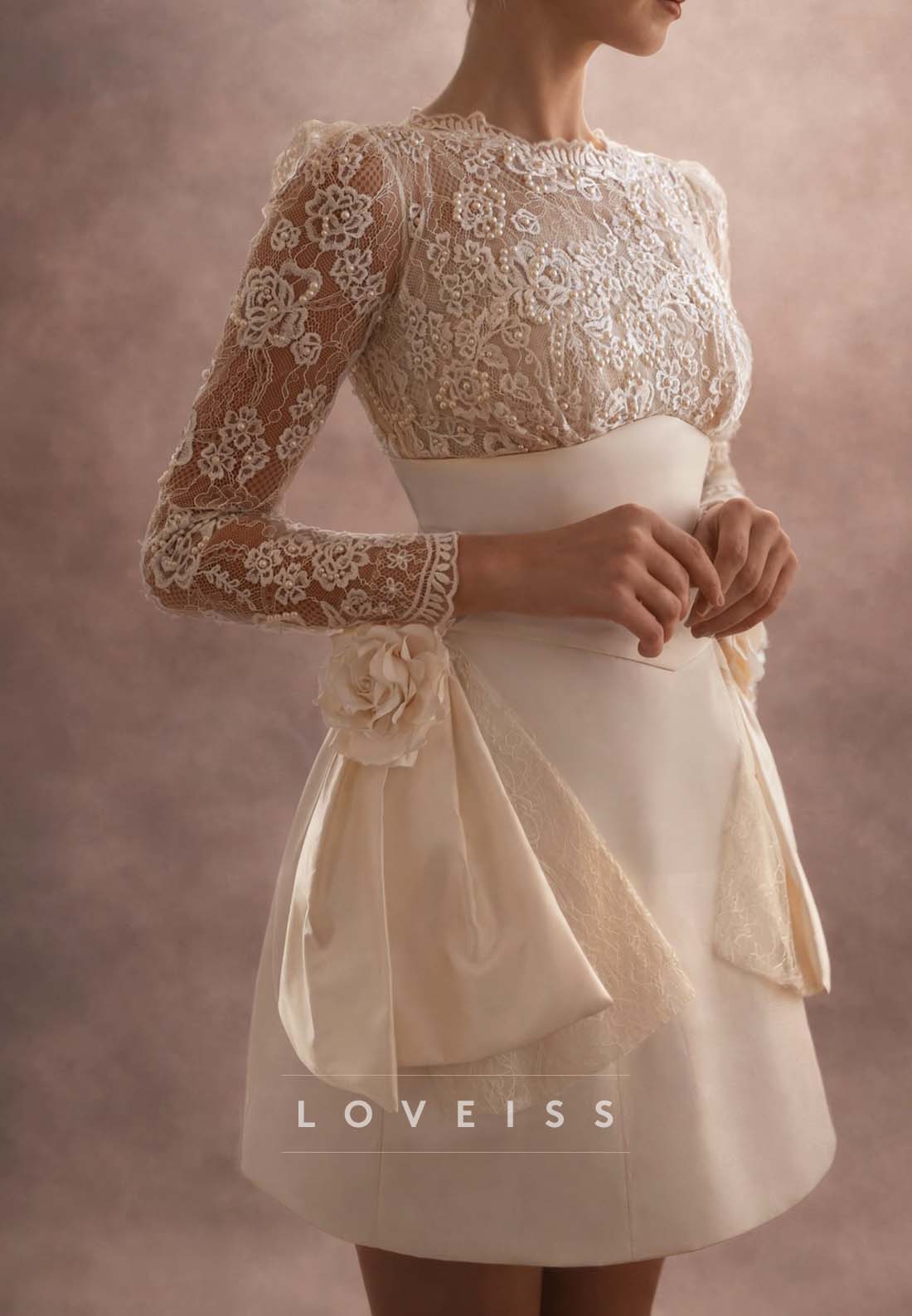 Lace Mini Dress with Pearl Accents & Hip Drapes