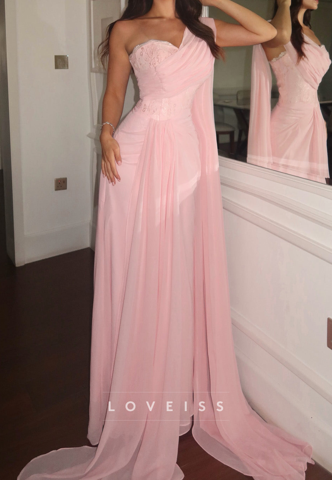 One-Shoulder Pleated Gown with Draped Cape