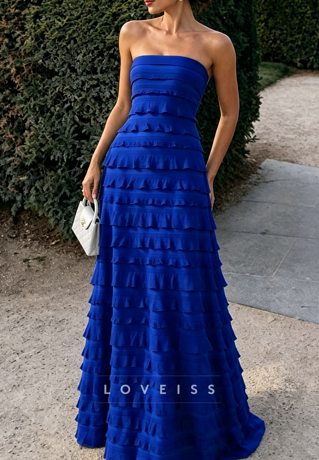 Strapless Tiered Ruffled Maxi Evening Gown