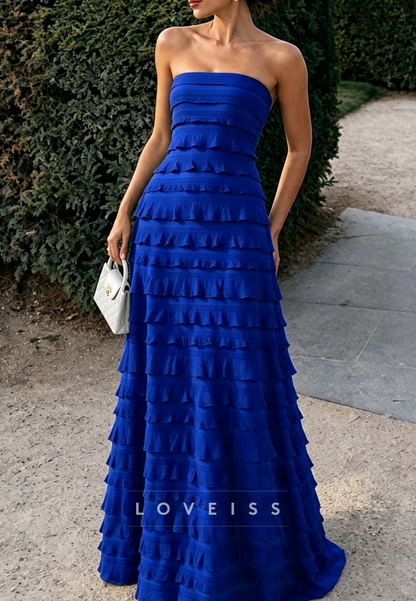 Strapless Tiered Ruffled Maxi Evening Gown