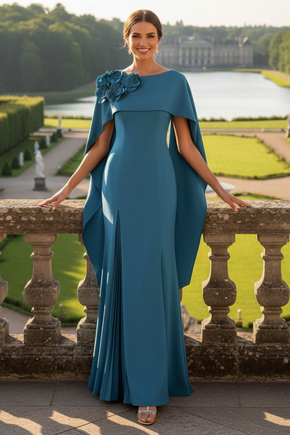Cape Evening Gown with 3D Floral Appliques