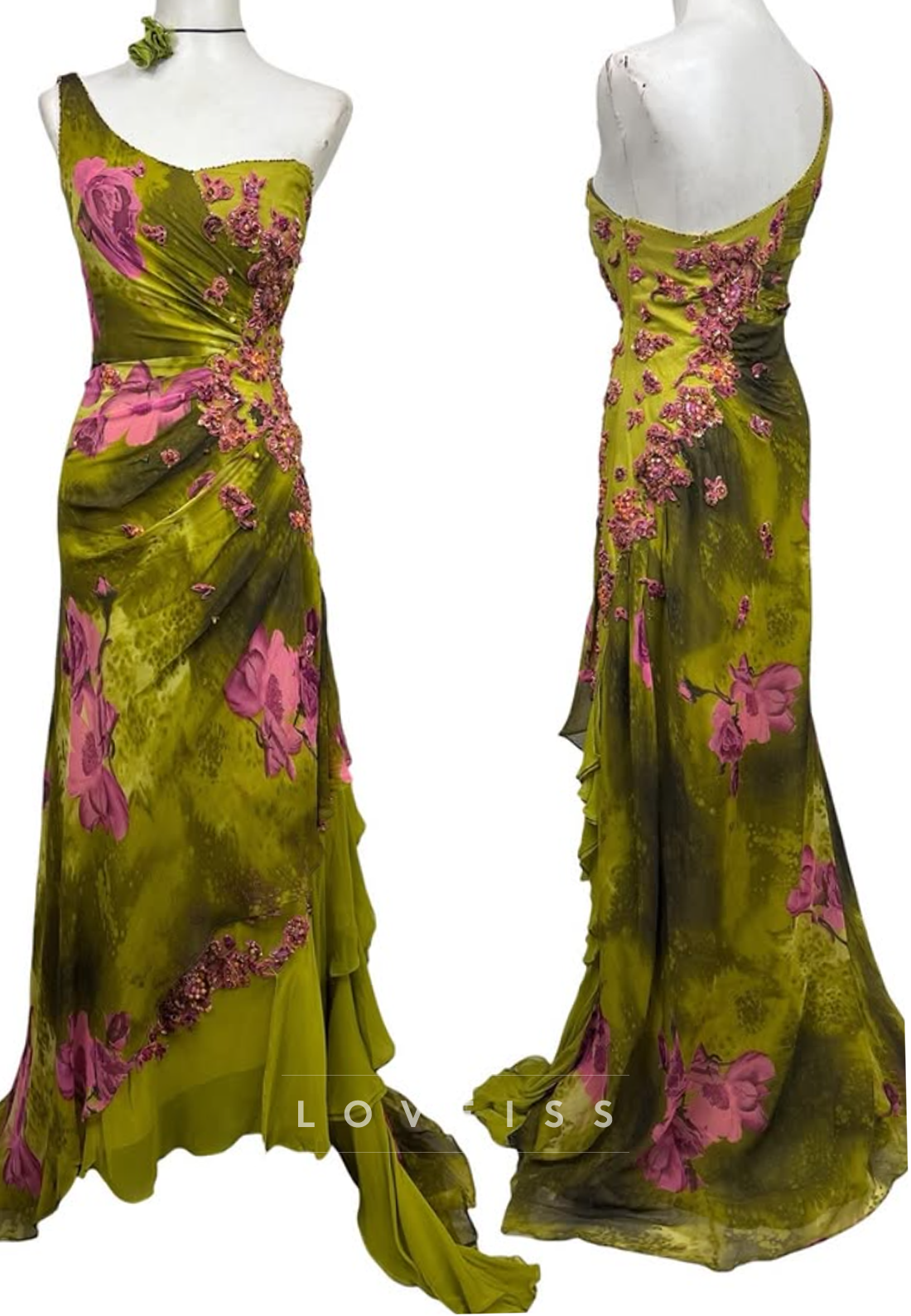 One-Shoulder Floral Applique Evening Gown