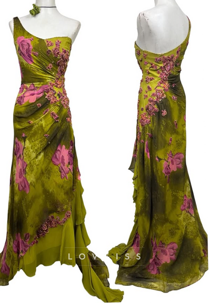 One-Shoulder Floral Applique Evening Gown