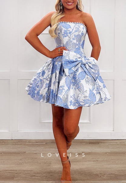 Strapless Floral Jacquard Mini Dress with Bow