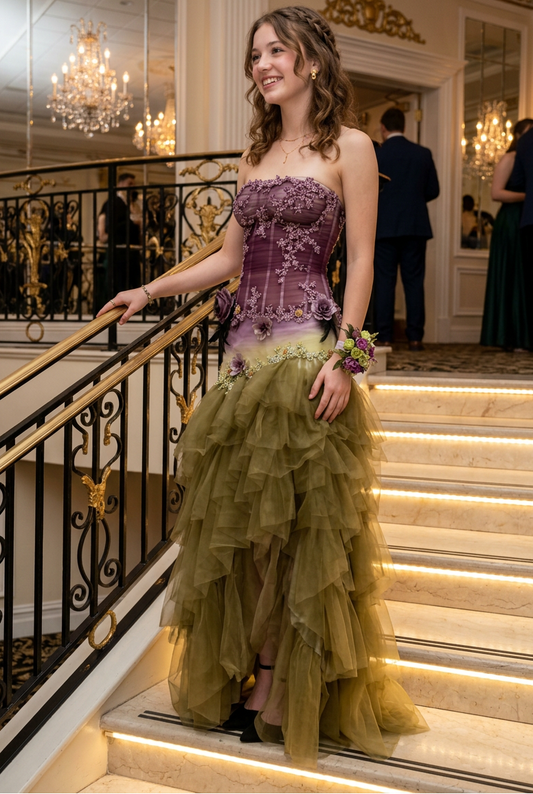 Strapless Corset Floral Appliqué Tiered Tulle Dress