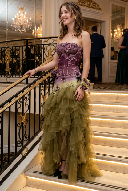 Strapless Corset Floral Appliqué Tiered Tulle Dress