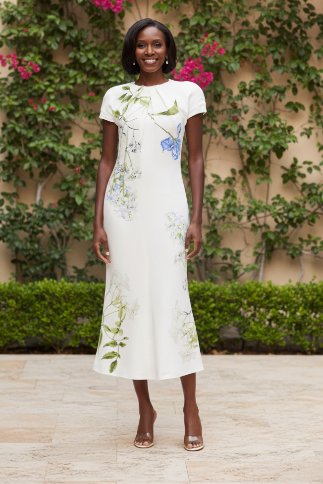 Pleated Neck Floral Midi Dress with Cap Sleeves
